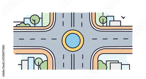 Minimalistic Vector Illustration of a City Intersection with Roundabout Design Concept