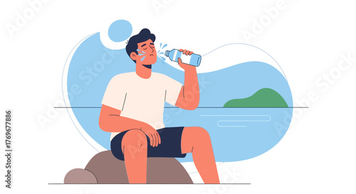 Man Rehydrating Himself On A Rocky Shore With The Backdrop Of Seascape Scenery