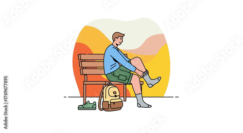Man Resting On a Bench While Adjusting His Sock After Hiking On a Sunny Day