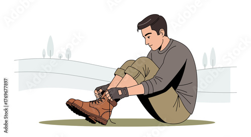 Man Securing Hiking Boots Before a Nature Excursion Amidst Serene Outdoors Scenery
