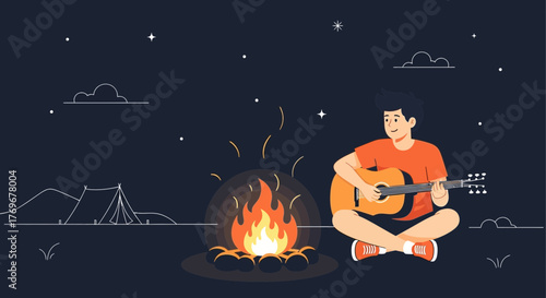 Nighttime Serenade at Campsite: Young Soloist and Blazing Fireplace Under Starlit Sky