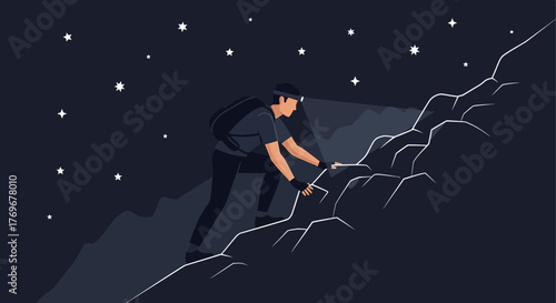 Nighttime Mountain Climber Ascending a Steep Ridge Under a Starry Sky Illustration