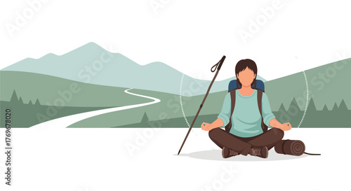 Meditative Hiker Reaching Inner Peace in Nature Achieving Mindfulness and Tranquility