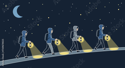 Nighttime Stroll: Pathfinders Illuminate Their Way Under the Moonlit Sky