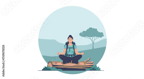Meditative Hiker Reaching Inner Peace During Hike, Amid Nature's Serene Landscape