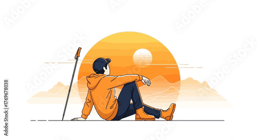 Meditative Hiker Reclines During Sunset, Contemplating Nature's Serenity And Beauty