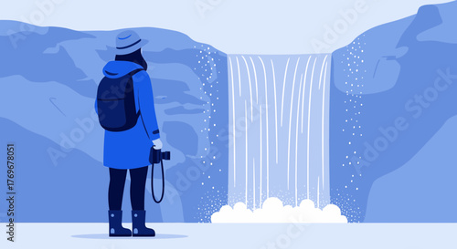 Observer Captures Majestic Waterfall with Camera in Serene Natural Environment