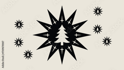 Captivating modern Christmas tree graphic with festive starbursts and twinkling stars, perfect for holiday branding and design
