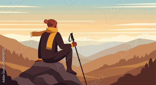 Observer On Mountaintop Gaze, Exploring Serene Horizon During A Tranquil Excursion