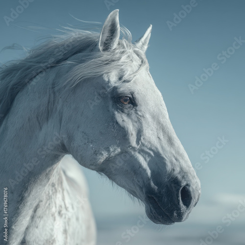 White Horse Head Portrait: Close-up of a Majestic Animal in a Field.