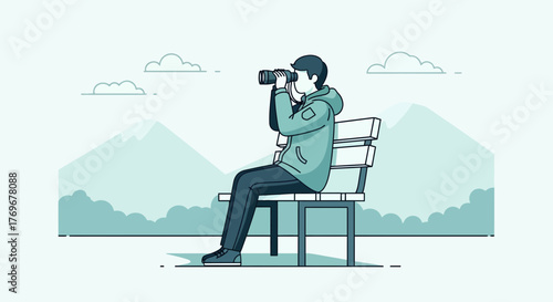 Observer On Bench: Man Enjoying Outdoor View Through Binoculars In Nature