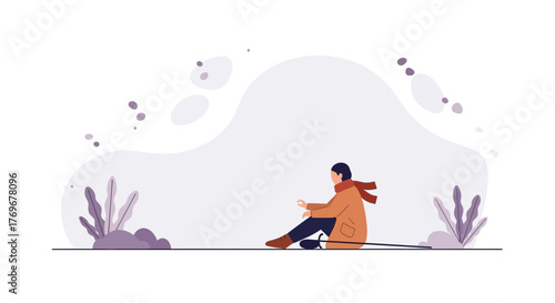 Meditative Person Enjoying Solitude Amidst Elegant Botanical Elements Illustration