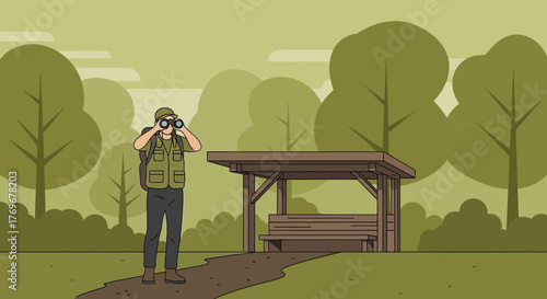 Observing Nature: A Hiker Uses Binoculars While Exploring a Lush Forest Environment