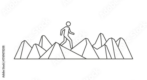 Minimalist Figure Ascends Geometric Peaks: Symbolic Representation of Challenge and Triumph