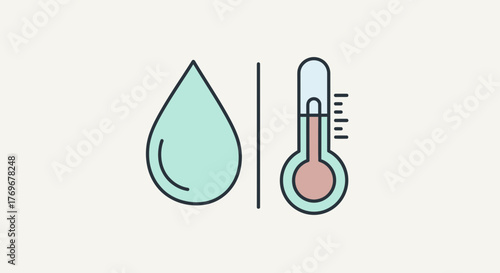 Minimalist Illustration Depicting Water Droplet and Thermometer Measuring Temperature