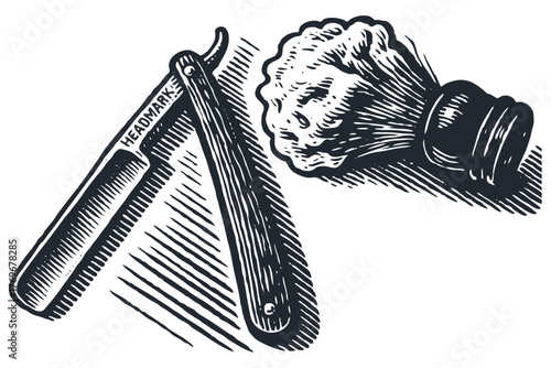 A straight razor and a shaving brush with foam. Classic barber tools. Vector illustration in a vintage engraving, woodcut, or linocut style.