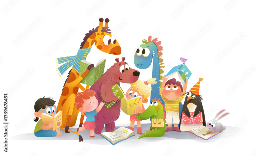 Obraz premium Playful group of animals and kids reading books together. Funny boys and girls characters with animals learning from open books. Hand drawn vector characters cartoon for children education.
