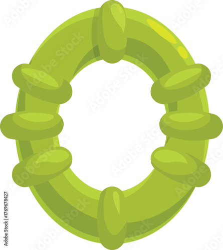 Cartoon illustration of a bumpy textured green chew toy, designed for pets to promote dental health through playful chewing
