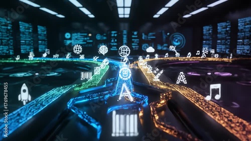 Abstract digital paths with science icons and data stream