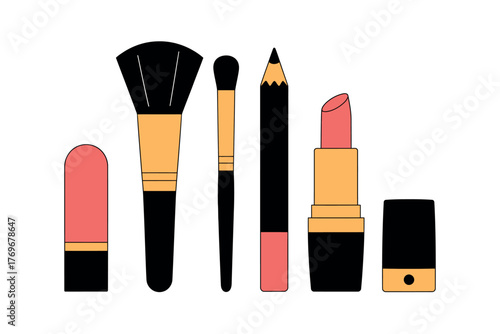 Illustration of makeup brushes lipstick and eyeliner on a white background