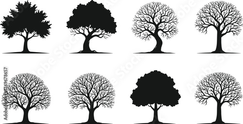 PrintCollection of realistic tree silhouettes, detailed leaf and branch illustration, natural forest design, botanical artwork for landscape, nature, and environment decoration