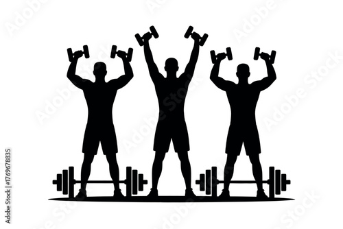 Three silhouetted men lifting dumbbells with barbells on the ground below