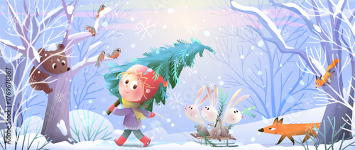 Cute Girl with Christmas Tree and Sled in Fairytale Winter Landscape with Animals. Magical winter holidays illustration for children greeting card. Vector hand drawn wintertime cartoon for kids