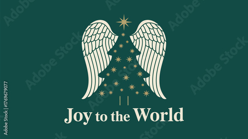 Elegant Christmas tree with angelic wings and star, proclaiming "Joy to the World" for festive holiday designs