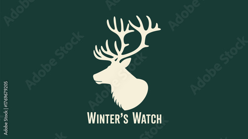 Majestic stag silhouette with impressive antlers and "Winter's Watch" text on dark green background, evoking strength and vigilance.