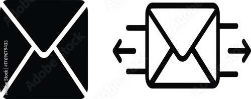 Black and white email icons with send and receive arrows, envelope communication symbol, digital mail message transfer concept illustration