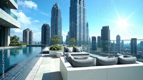Modern rooftop pool and cityscape with sunny sky background