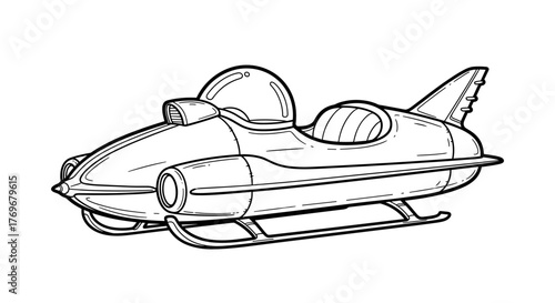 Retro futurist sled design illustration in monochrome outline style  