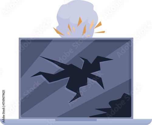 Laptop computer with cracked screen emitting smoke after explosion, concept of computer failure or cyber attack