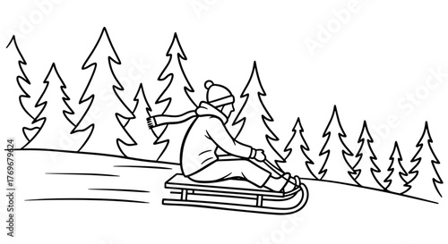 Child sledding down a snowy hill in winter forest landscape  