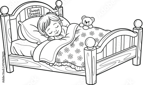 Cute child sleeping peacefully in cozy bed with teddy bear, bedtime illustration for kids coloring page, sweet dreams artwork