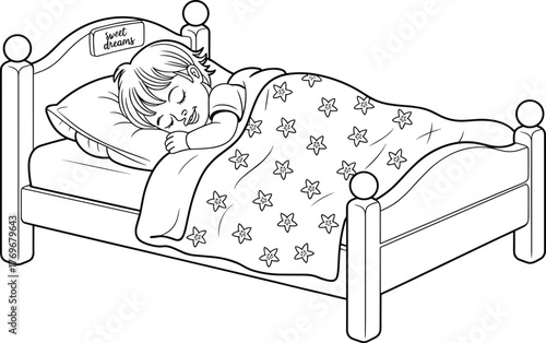 Cute little child sleeping peacefully in cozy bed, bedtime illustration for kids, sweet dreams night scene coloring page