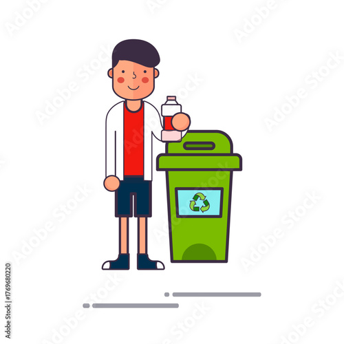 Person collecting plastic bottles for recycling near a green trash can