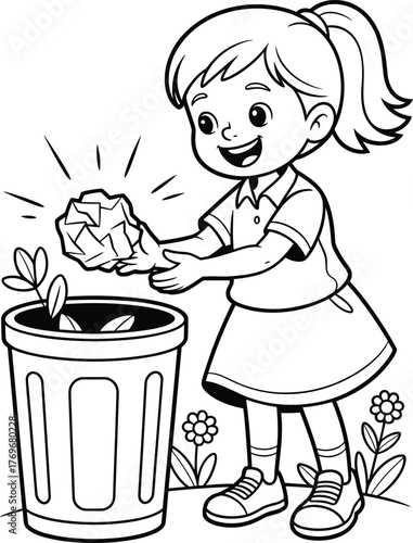 Happy girl throwing trash into bin, teaching cleanliness and recycling habits, children’s coloring page promoting environmental awareness and good manners