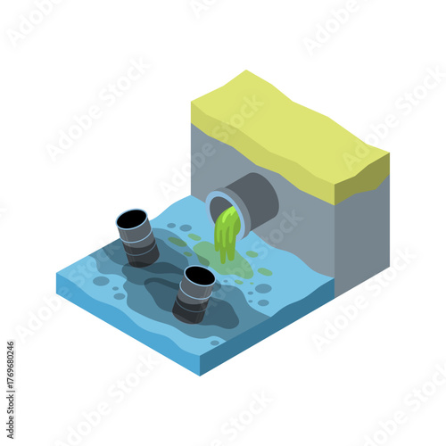 Isometric illustration of toxic chemical waste from a sewer pipe contaminating a water source