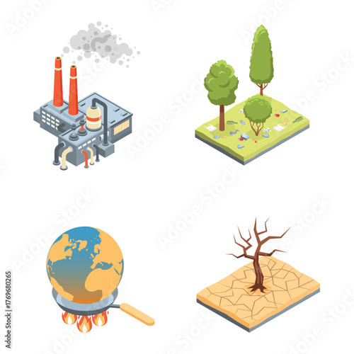 Environmental impact Factory emissions, deforestation, global warming, and drought illustrated