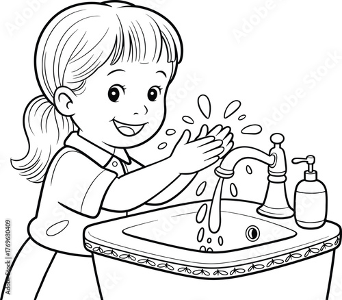 Happy little girl washing hands at sink line art, hygiene awareness coloring page, clean habits drawing for kids education