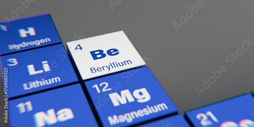 Obraz na płótnie Detail view of the chemical element Be Beryllium with the atomic number 4 within the periodic table of elements
