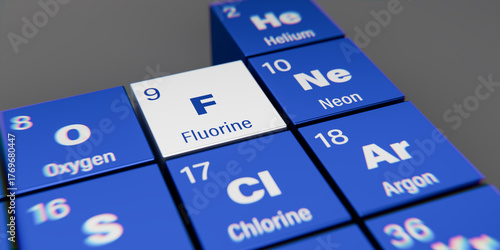 Detail view of the chemical element F Fluorine with the atomic number 9 within the periodic table of elements. Dynamic dispersion effect at the corners and shallow depth of field.