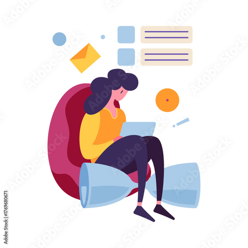 Woman Using Tablet in Hourglass Chair Conceptual Illustration of Time Management and Tasks