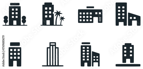 Collection of stylized building icons, representing diverse architecture