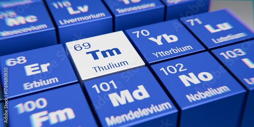 Detail view of the chemical element Tm Thulium with the atomic number 69 within the periodic table of elements. Dynamic dispersion effect at the corners and shallow depth of field.