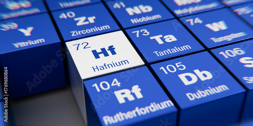 Detail view of the chemical element Hf Hafnium with the atomic number 72 within the periodic table of elements. Dynamic dispersion effect at the corners and shallow depth of field.