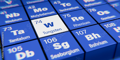 Detail view of the chemical element W Tungsten with the atomic number 74 within the periodic table of elements. Dynamic dispersion effect at the corners and shallow depth of field.