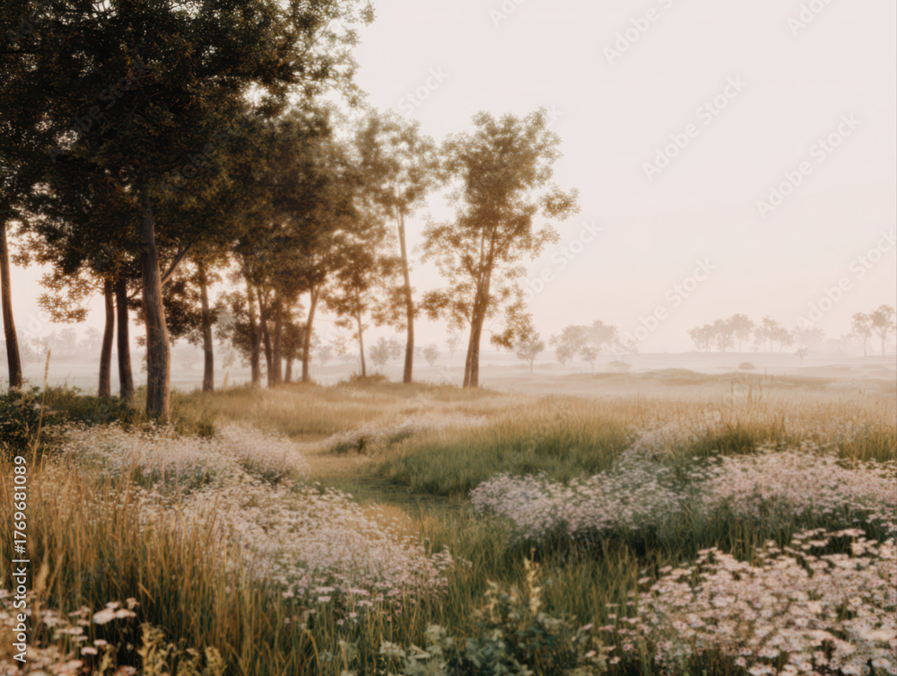 Fototapeta premium A misty autumn field at sunrise