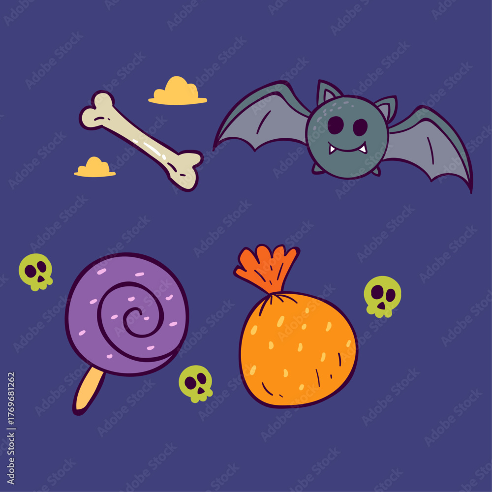 Naklejka premium Hand-drawn collection of cute Halloween icons with a bat, candy, bone, and spooky skulls